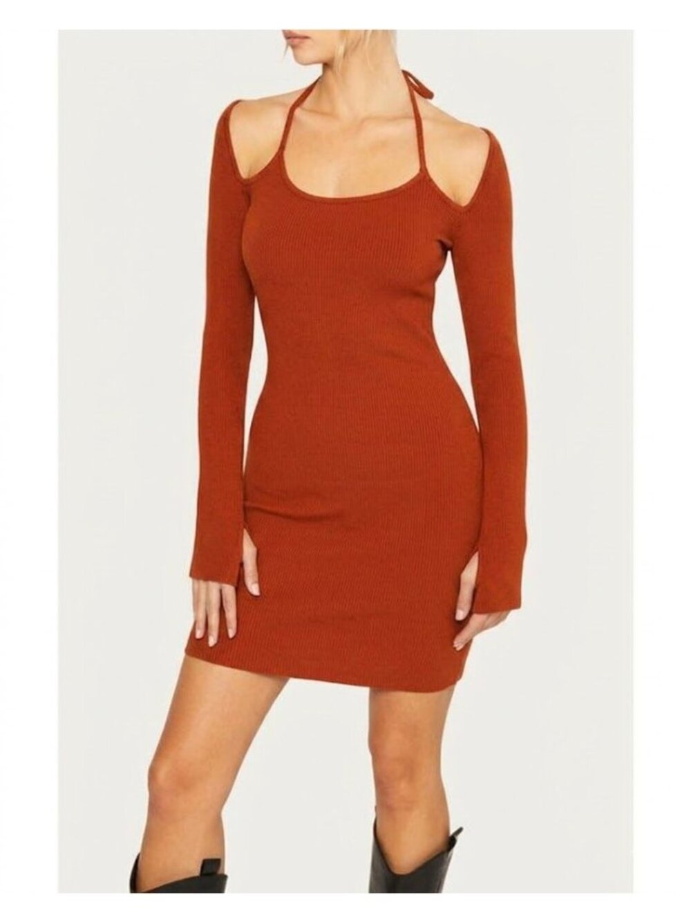 Pretty Garbage Mini Dress Small Halter Neck Ribbed Long Sleeve Rust Orange NEW
